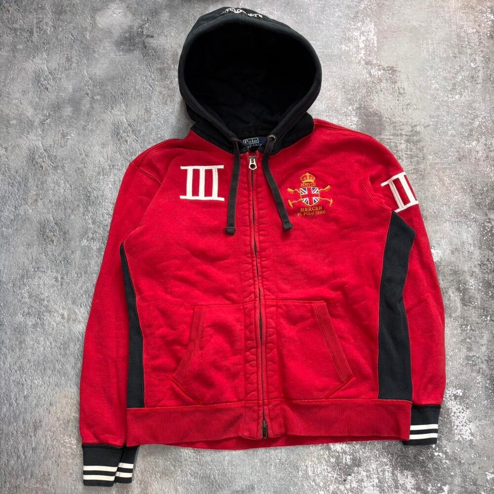 Vintage Polo Ralph Lauren The Mercer Polo Team Hoodie Size Large. Red & Black